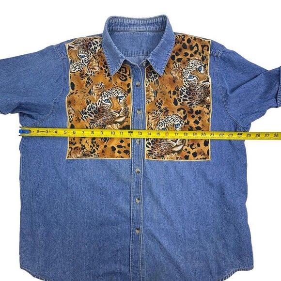 VTG  Denim Leopard Cheetah Shirt Quacker Factory SS Button Jungle Safari Large - Picture 9 of 12